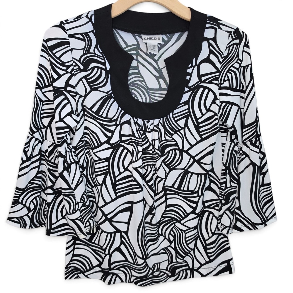 Chicos Top Blouse Womens Size 0 S 4 6 Black White Abstract Swirl Bell Sleeve 3/4